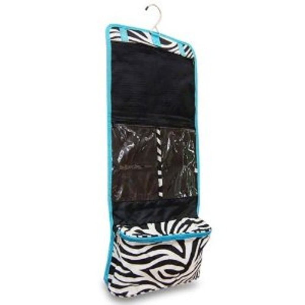 Women's Hanging Travel Cosmetic Bag - Zebra Print with Aqua Trim