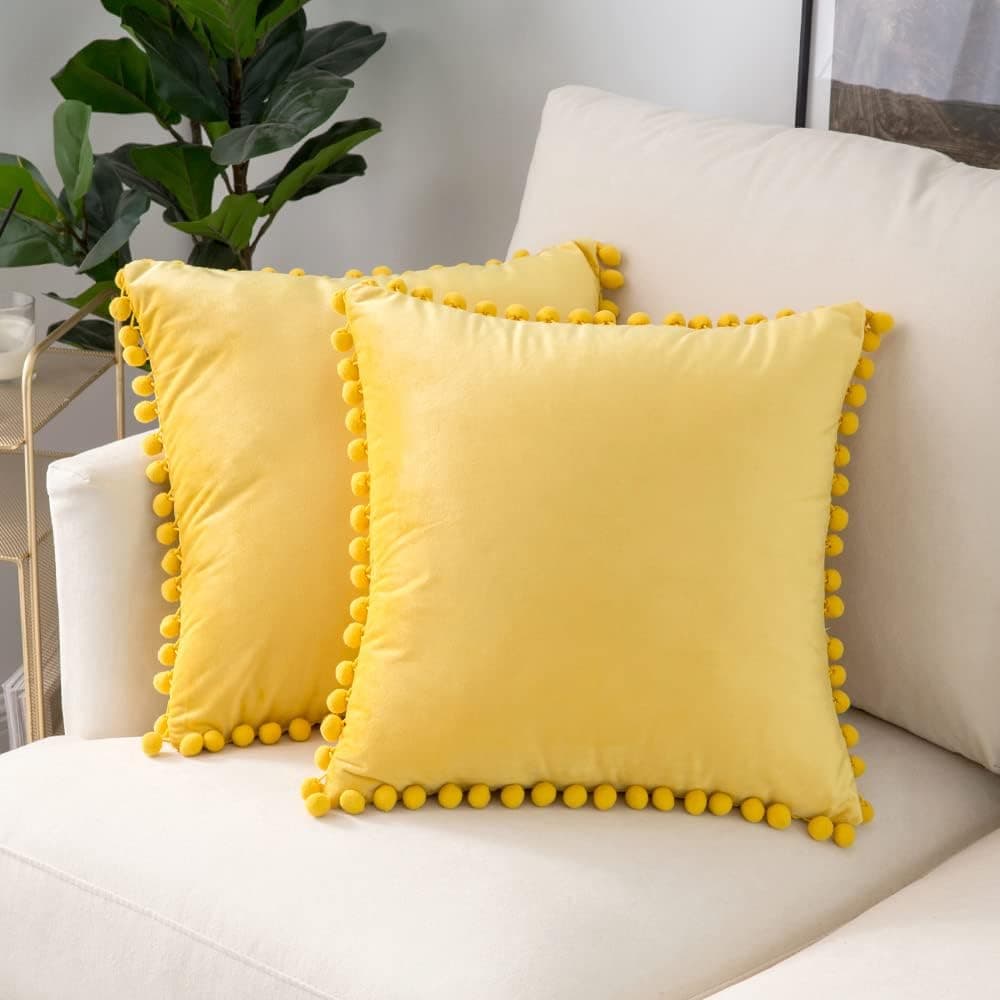 Woaboy Pack of 2 Fall Velvet Throw Pillow Covers Pompom Decorative Pillowcases Solid Soft Cushion Covers with Poms Square for Couch Living Room Sofa Bedroom Car 20x20inch 50x50cm Lemon Yellow