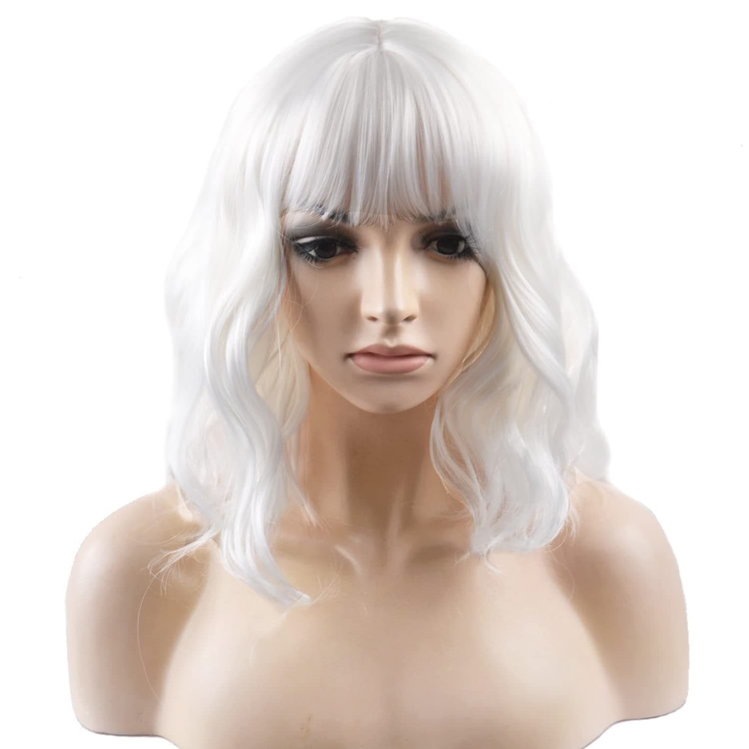 BERON 14 Inches White Wig Short Curly Wig Women Girl's Synthetic Wig White Wig with Bangs Wig Cap Included