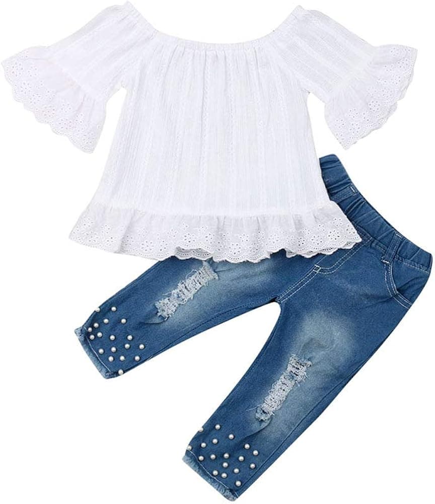 2PCS Toddler Kids Baby Girls Off Shoulder Ruffle Tops + Denim Lace Flared Pants Outfits Set (Ruffle Top + Pearl Denim Pant, 2-3 Years)