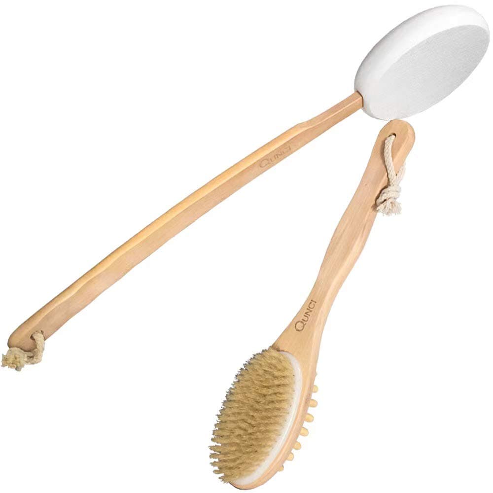 2PCS QUNCI Premium Dry Brushing Body Brush Set- Natural Boar Bristle Long Handle Skin Brush & Back Lotion Applicator, Dry Brush for Cellulite and Lymphatic Drainage Massager, Exfoliating Bath