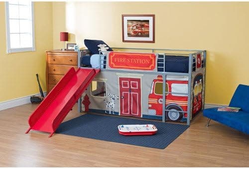 Dorel Boys' Fire Department Twin Loft Bed with Slide, Red