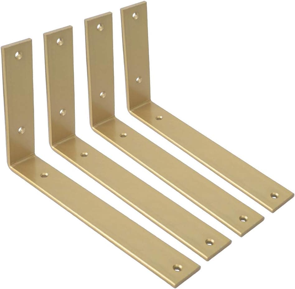 Shelf Brackets 10 Inch L Brackets Heavy Duty Gold Wall Brackets for Shelves Rustic Industrial Metal Wall Hanging Bracket for DIY Opening Shelves Screws Included