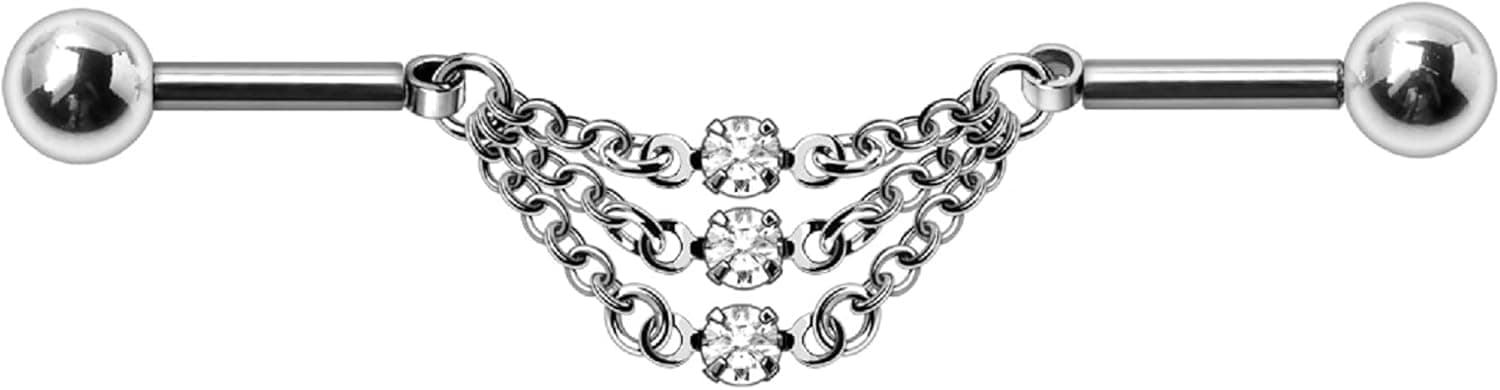 Body Accentz 316L Stainless Steel Jeweled Triple Chain Industrial Barbell