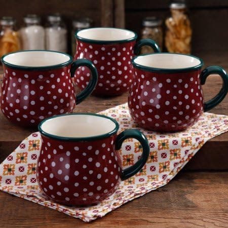 The Pioneer Woman Retro Dots Claret 28-Ounce Jumbo Belly Mug Set, 4-Pack | Jumbo Belly Shaped Mug Set 4-Pack