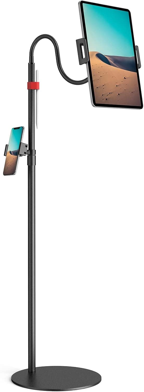 Tablet Floor Stand, Klearlook Height Adjustable Gooseneck Tablet Holder, 360 Degree Rotation, Flexible i'Pad Stand Compatible for i'Pad Pro, Galaxy Tab, Surface Pro, 4.7–12.9 inch (Black)