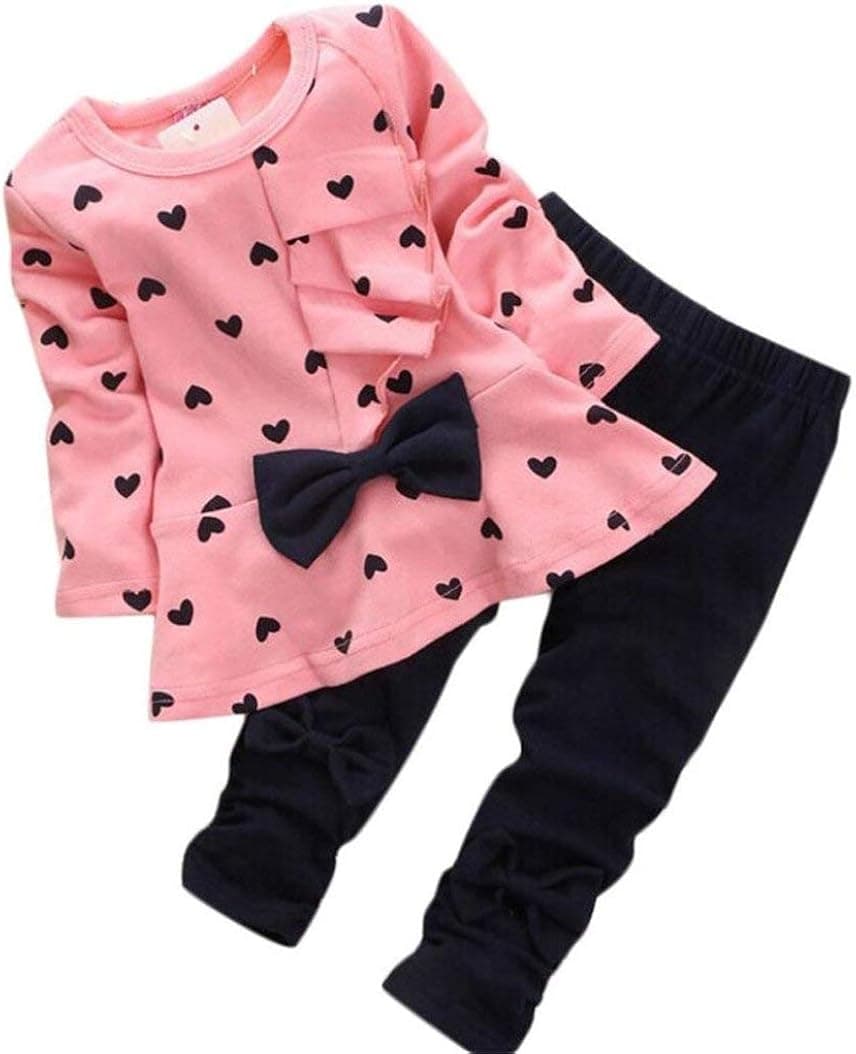 Gotd Baby Girl Heart Bow Tops Pants Leggings Outfits Clothes (6-12Months, Pink)