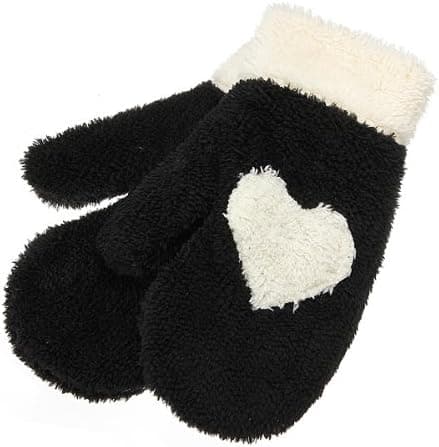 Ladies Full finger Cute Love Heart Plush Style Winter Snow Warm Mittens Gloves Black