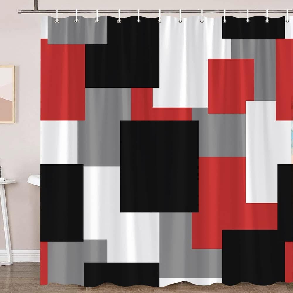 XPIWHTOW Black Grey Red White Geometry Shower Curtain for Bathroom Decor Modern 3D Gray Geometric Pattern Digital Print Trendy Multicolor Polyester Cloth Bath Curtains with 12 Hooks, 70 x 70 Inches