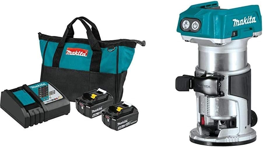 Makita BL1840BDC2 18V LXT Lithium-Ion Battery and Rapid Optimum Charger Starter Pack (4.0Ah) with XTR01Z 18V LXT Lithium-Ion Compact Brushless Cordless Router