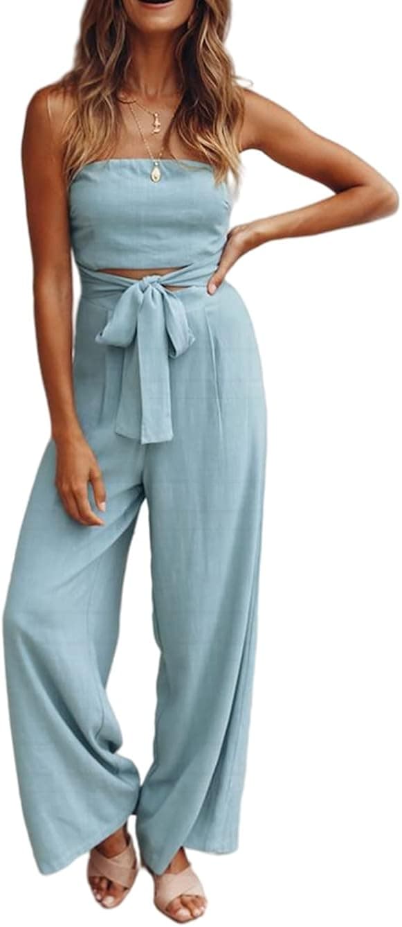 Yuanlar Women's Summer Casual Strapless Tube Top Belted Cut Out Wide Leg Jumpsuit Romper Fashion Outfits