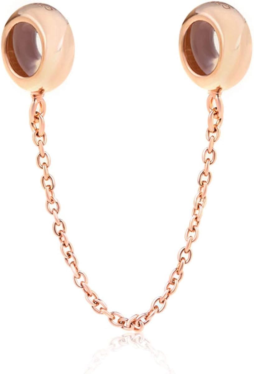 Heart Clasp Safety Chain Charm Authentic 925 Sterling Silver Clip Lock Stopper Charm Spacer Beads for Charms Bracelets (Rose Gold Safety Chain)