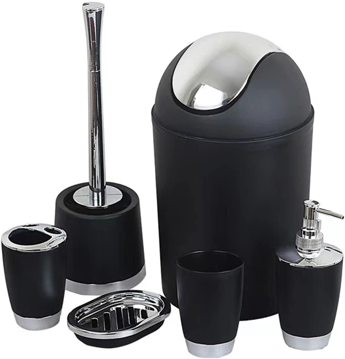 besaset Bathroom Accessories Set 6 Pieces Plastic Bathroom Accessories Toothbrush Holder, Rinse Cup, Soap Dish, Hand Sanitizer Bottle, Waste Bin, Toilet Brush with Holder (B-Black)