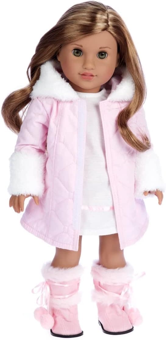DreamWorld Collections - Cotton Candy - 3 Piece Outfit - Pink Parka with Hood, Ivory Dress and Pink Boots - Clothes Fits 18 Inch Doll (Doll Not Included)