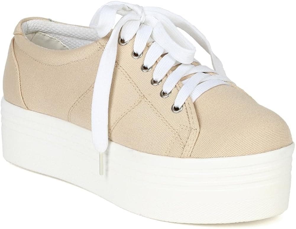 Women Canvas Flatform Platform Lace Up Creeper Sneaker AG46 - Beige