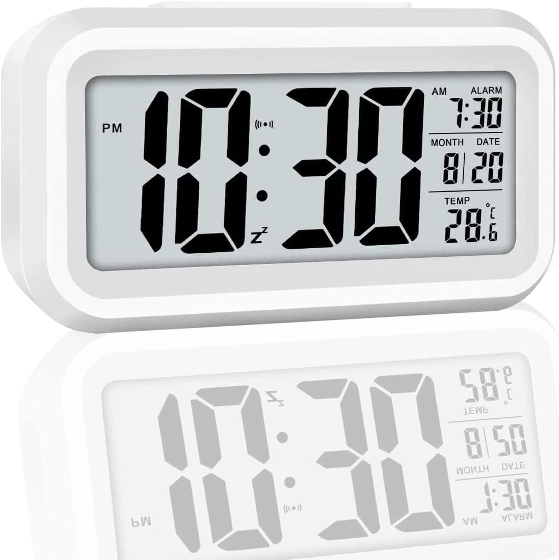 LED Digital Alarm Clock,Battery Operated Small Desk Clocks,with Smart Night Light,Date,Indoor Temperature,LCD Electronic Clock for Bedrooms Home Office (White)