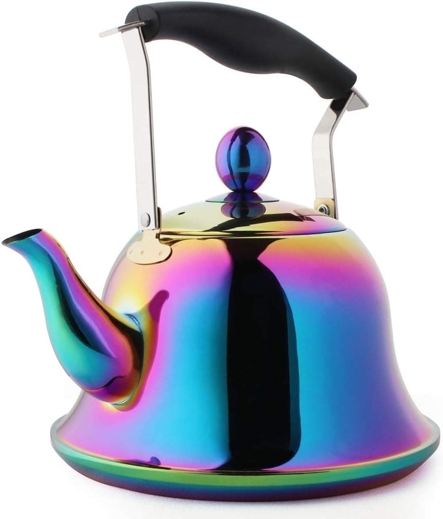 Whistling Tea Kettle Stovetop Stainless Steel Teakettles Teapot with Infuser for Flower Tea Maker Fast Boiling Mirror Finish Rainbow 2 Quart
