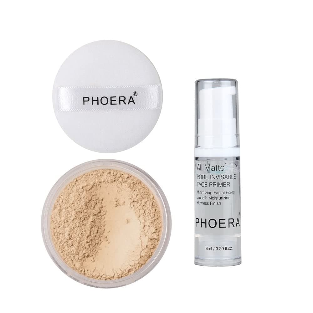 PHOERA Setting Powder and Face Primer for Makeup, Control Oil Brighten Skin Color Cover Blemish Whitening Face Setting Loose Powder。(2 Pcs) (02 Cool Beige + makeup primer)