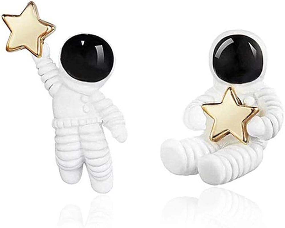 RUIZHEN 3 Pcs Set Star Moon Asymmetrical Stud Earrings Astronaut Spaceman Stud Earrings Jewelry for Women Girls