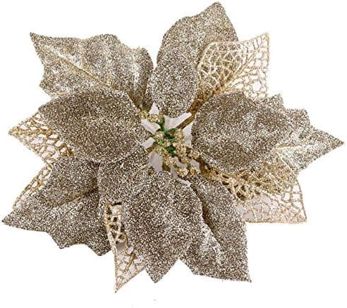 zorpia 12 Pack Glitzy Poinsettia Bushes Christmas Tree Ornaments,Christmas House Poinsettia Ornament, Glitter Gold Poinsettia Flowers Christmas Decorations (Dark Gold)