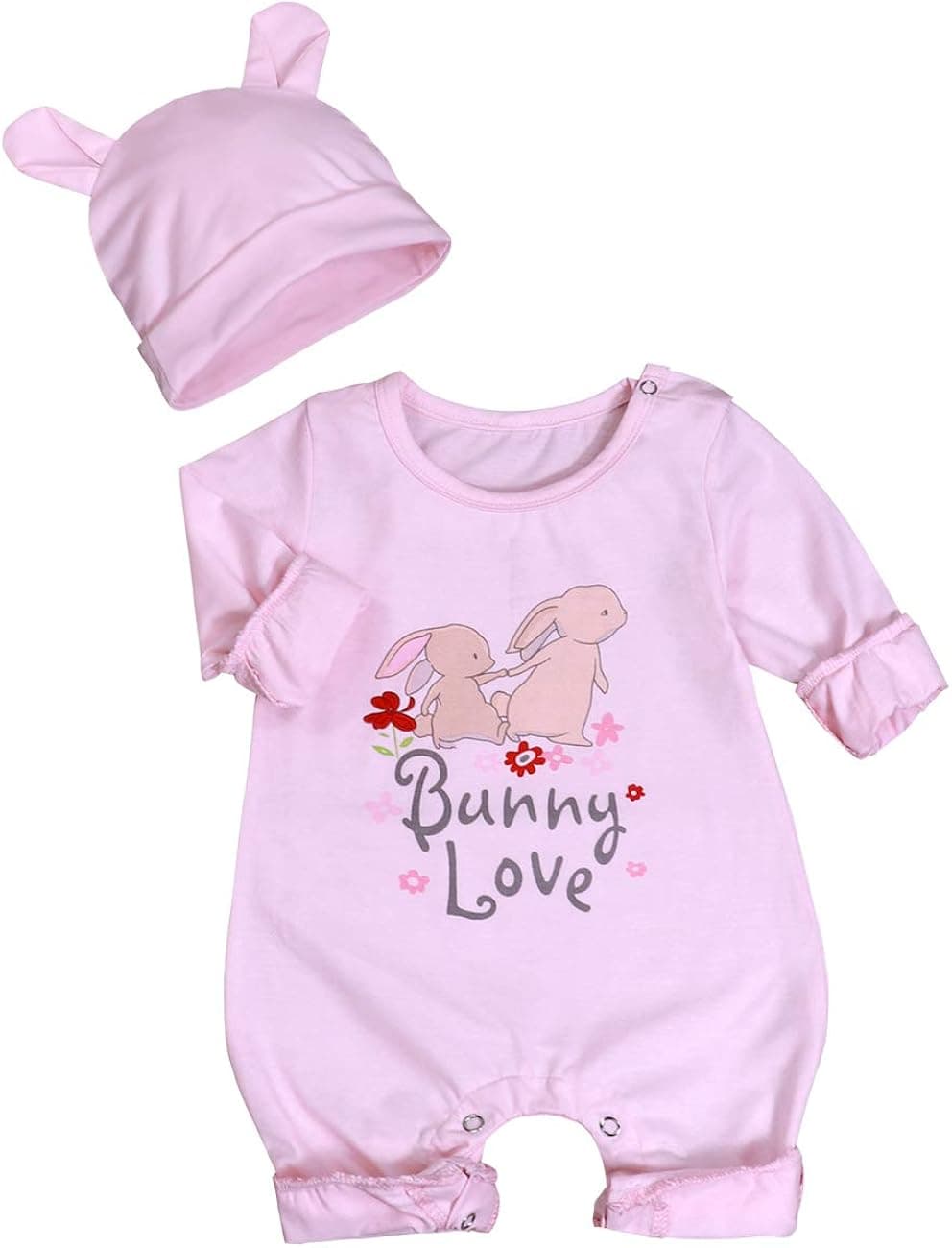 Baby Girls My 1st Easter Day Long Sleeve Bunny Love Romper + Cute Rabbit Hat Outfit Sets(3-6M) Pink