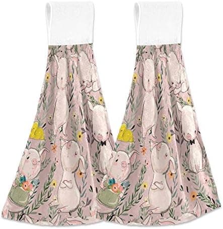 DIGTIA Vintage Pink Pigs Hand Towels 2 Pack Piggy Duck Kitchen Hanging Towel Loop 12"x17" Coral Velvet Absorbent Fingertips Towel Sets for Home Bathroom Laundry Room