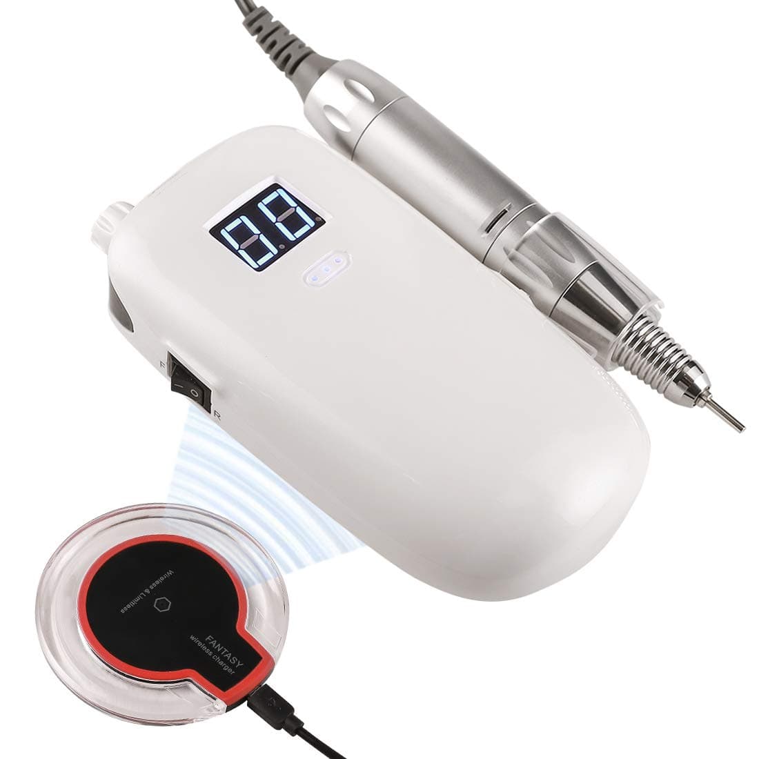 Portable Nail Drill for Acrylic Nails, 3000RPM Rechargeable Professional Electric Nail File Efile Nail Drill Machine with Wireless Charger & 6pcs Drill Bits, Manicure Gel Remove Tools (white-2)