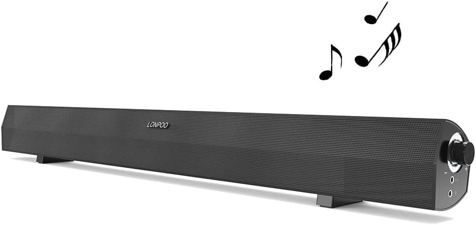 LONPOO 24 inch Metal Grilled PC Soundbar 10W USB Powered HI-FI Stereo Sound Speaker for Computer/Laptop,3-inch*2 Units and 3.5 mm AUX output with MIC& Earphones jack (AC adpater not include)