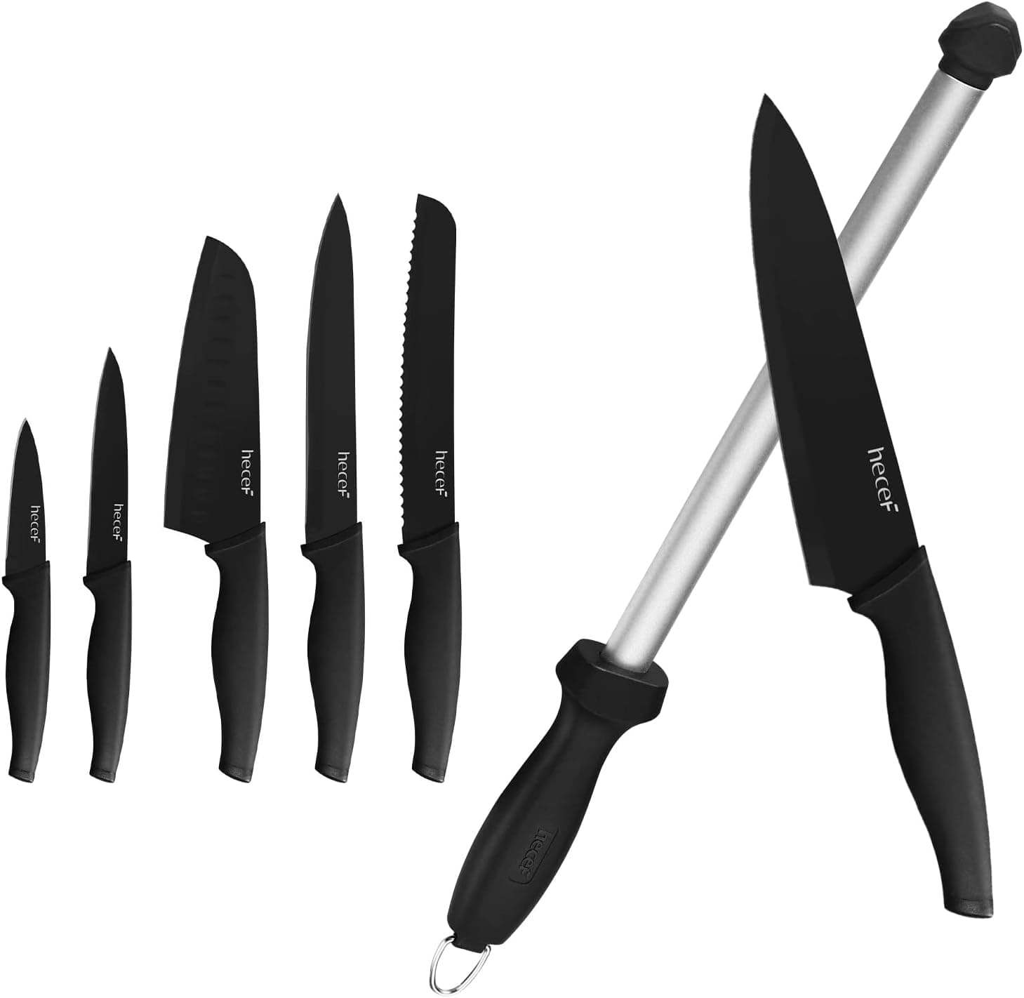 hecef Black Oxide Knife Set of 6 With Sharp Diamond Carbon Honing Rod 10 Inch
