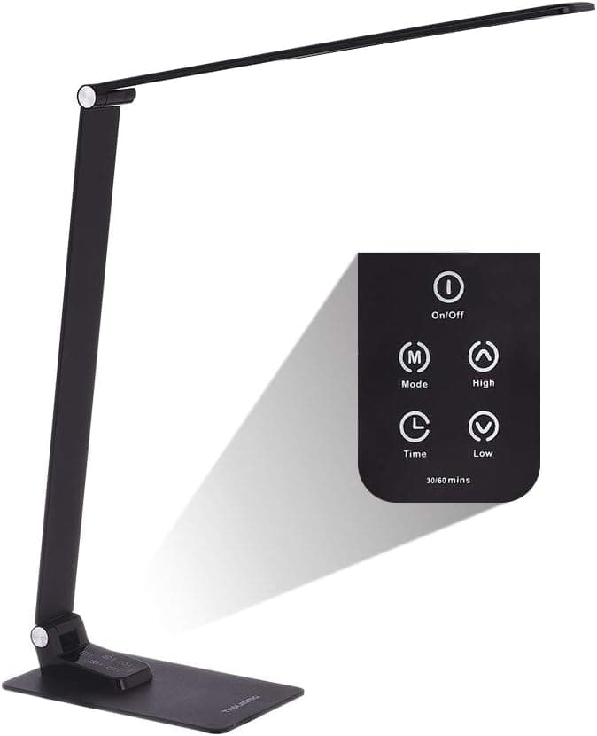 6-Level Dimmable LED Desk Lamp with USB Charging Port, Ultrathin Office Reading Light with 3000-5000K Color Temperature, CFL Task Lamp with Metal Clamp, Memory Function, Touch Control & Timer