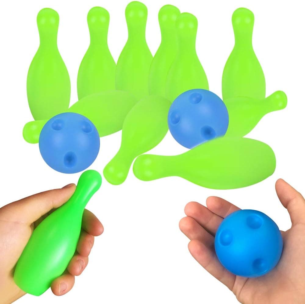 Gamie Glow in the Dark Mini Bowling Set for Kids, Includes 10 Pins and 2 Balls, Durable Plastic Indoor and Outdoor Game, Glow in the Dark Party Supplies, Birthday Party Activity for Boys and Girls