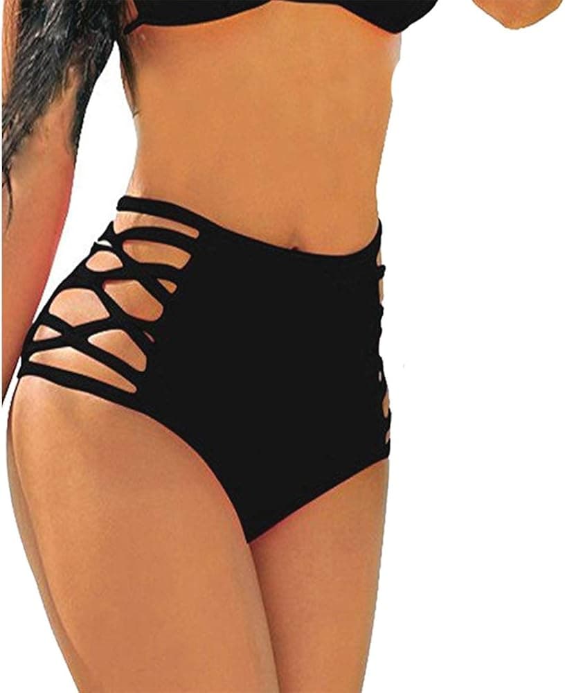 CROSS1946 Sexy Women's Bikini Retro High Waisted Strappy Brief Bottom Solid Tankini Swimsuit