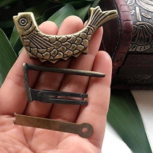 Zwei 59 x 30mm Metal Fish Shaped Antique Bronze Chinese Old Vintage Lock with Key