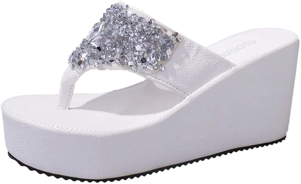 CYBLING Women Bling Sequins Platform Wedges Sandals Summer Beach Thongs High Heel Wedge Flip Flops Slippers