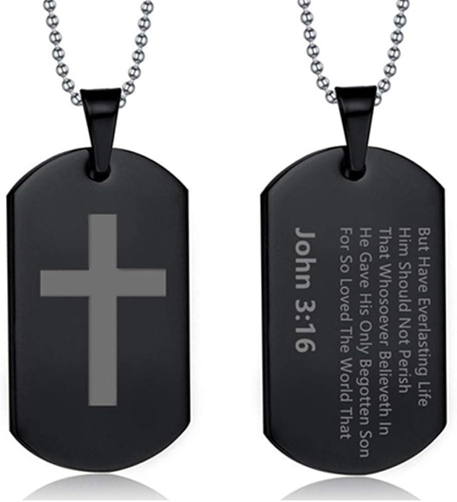 LiFashion LF Mens Womens Stainless Steel Bible Verse Cross Dog Tag Necklace IP Black Plated Bible Scripture Christan Cross Pendant Jewelry for Teen Adult for Baptism