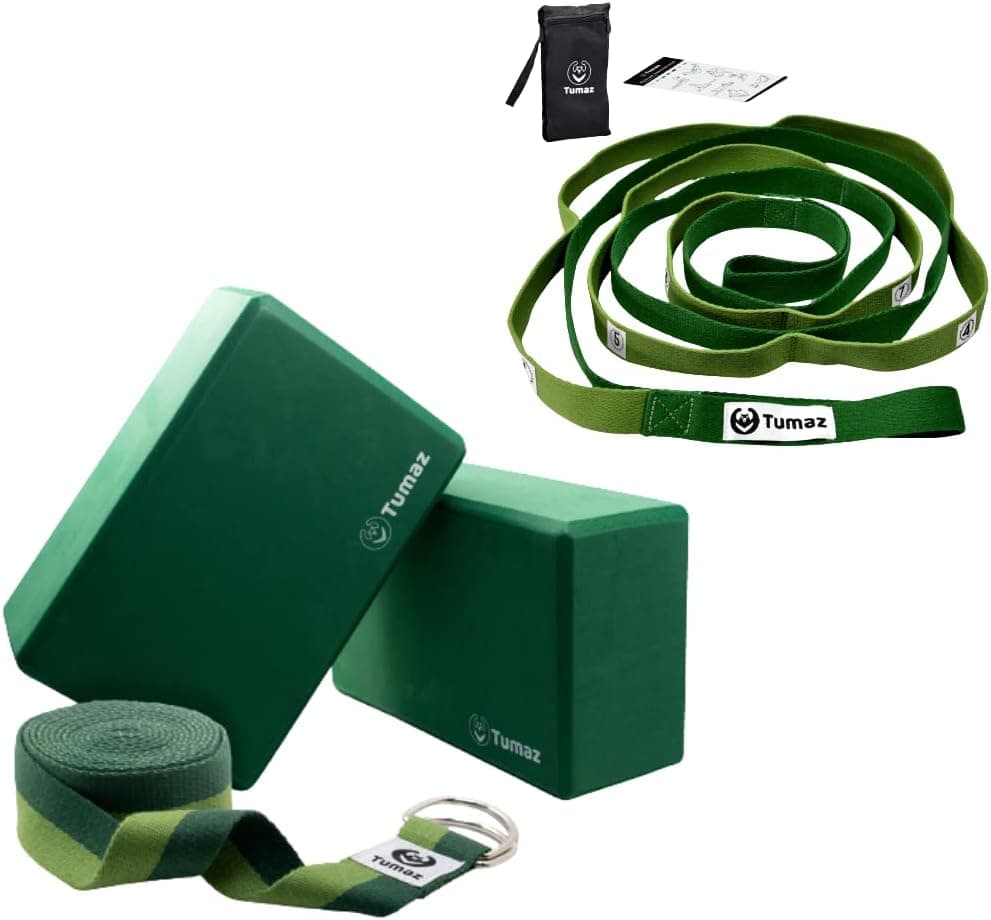Tumaz Yoga Blocks and Stretching Strap Set - High Density/Lightweight EVA Foam Yoga Blocks - 10 Loops & Non-Elastic Yoga Strap - The Perfect Home Workout Stretch Strap for Physical Therapy