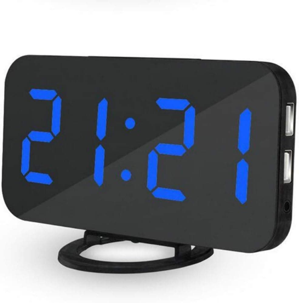 Silverzone LED Digital Alarm Clock 6.5'' Big Digit Mirror Surface Smart Loud Alarm with Snooze, 3-Level Auto/Manual Dimmer and Dual USB Charger Port for Kids and Heavy Sleepers (Black Body Blue Word)