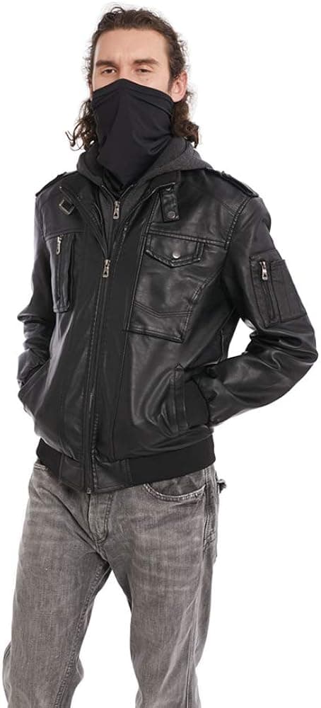Men's Faux PU Leather Jacket Motorcycle Biker Zip Up Stand Collar Warm Jacket with Removable Hood (Free mask included)