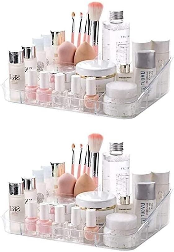 SUNFICON 2 Pack Makeup Organizer Tray Cosmetic Display Case Office Stationery Storage Holder Countertop Storage Unit Makeup Box for Bathroom Drawers,Vanities Office Desk,Washable Crystal Clear Acrylic