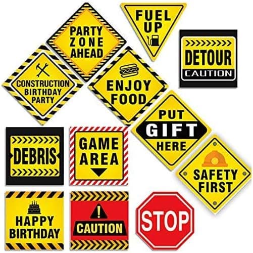 12 PCS Traffic Signs Stickers Cutouts 8” Construction Zone Birthday Party Supplies Decorations for Kids Boys