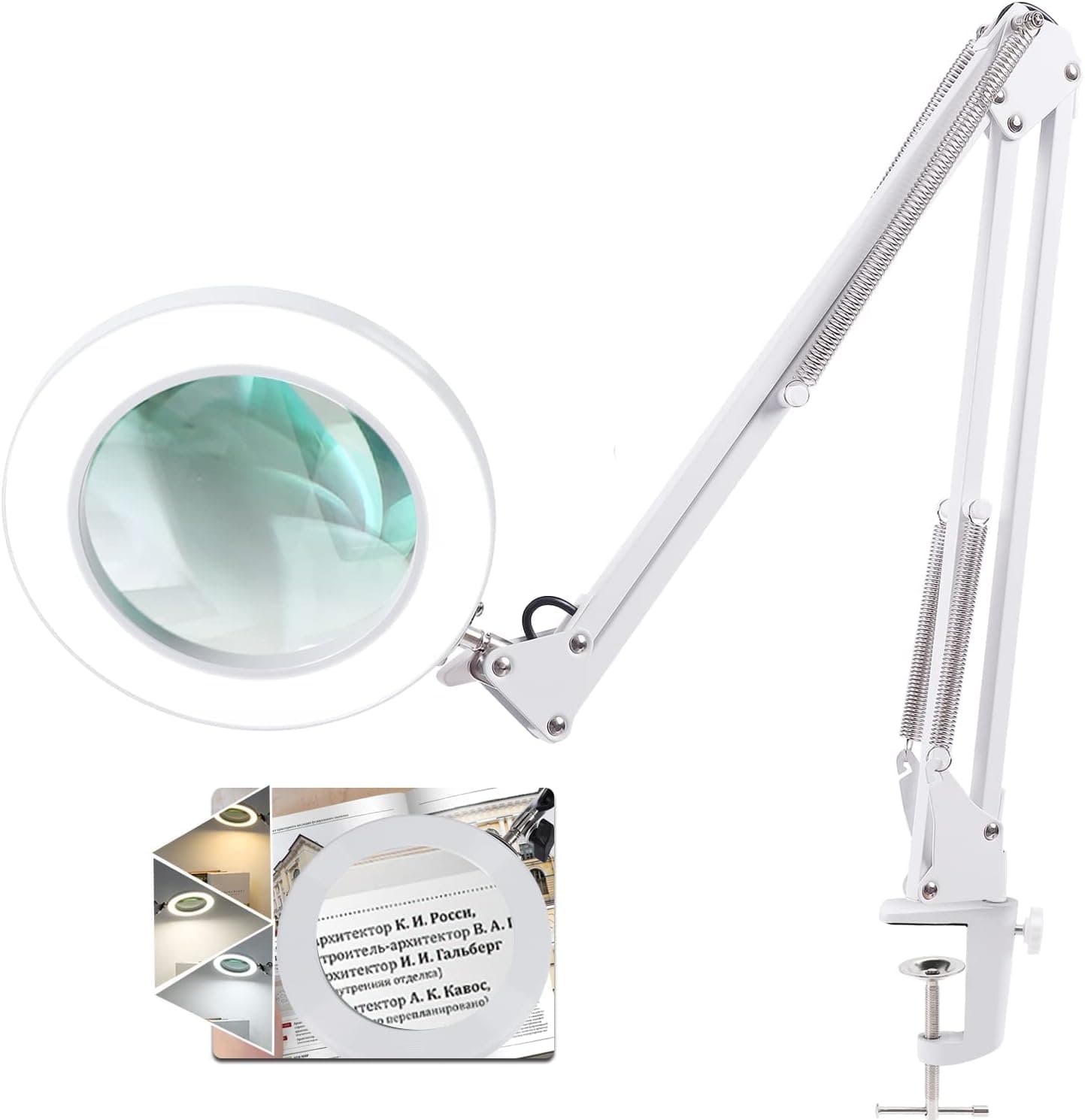 5 Inch Magnifying Glass with Light and Stand, TOMSOO 10X Real Glass Lighted Magnifier, Stepless Dimmable 3 Color Modes Adjustable LED Magnifying Desk lamp for Close Work Reading Repair Crafts - White