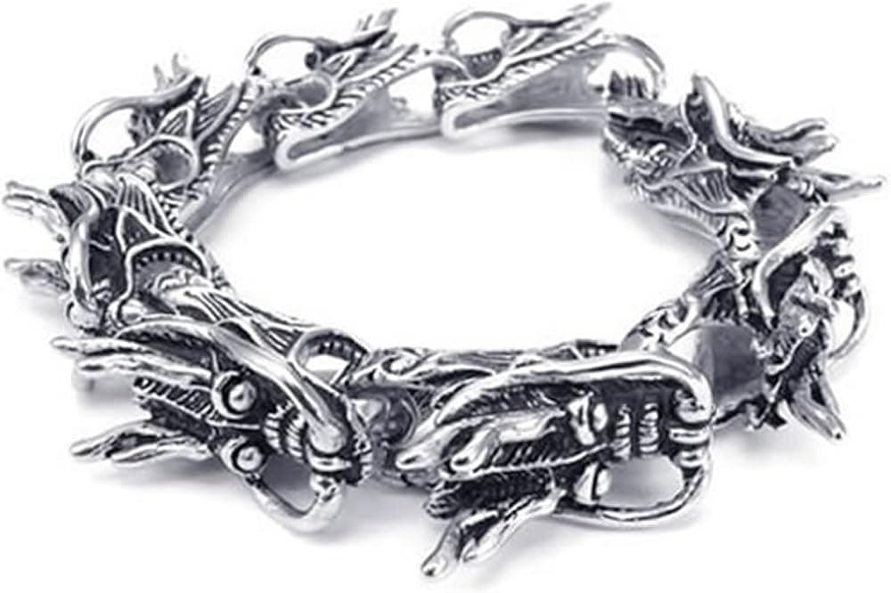 KONOV Heavy Wide Stainless Steel Gothic Dragon Biker Men's Bracelet, Black Silver, 9 Inch