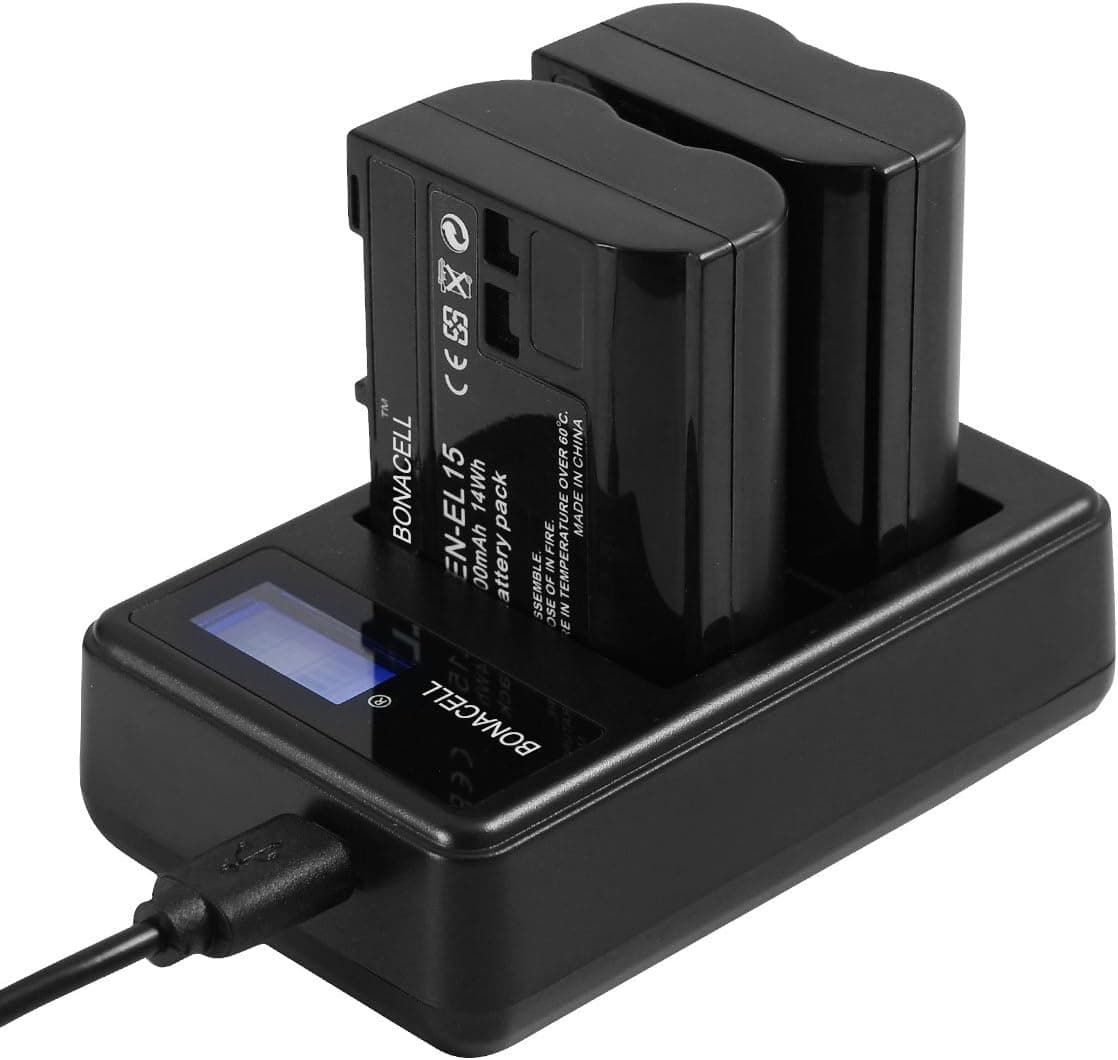 Bonacell EN-EL15 Battery(2 Pack) 2000mAh and LCD Dual Charger Compatible with Nikon 1 V1, D850, D7500, D7000, D7100, D7200, D800, D800E, D810, D810A, D750, D600, D610 Digital SLR Camera