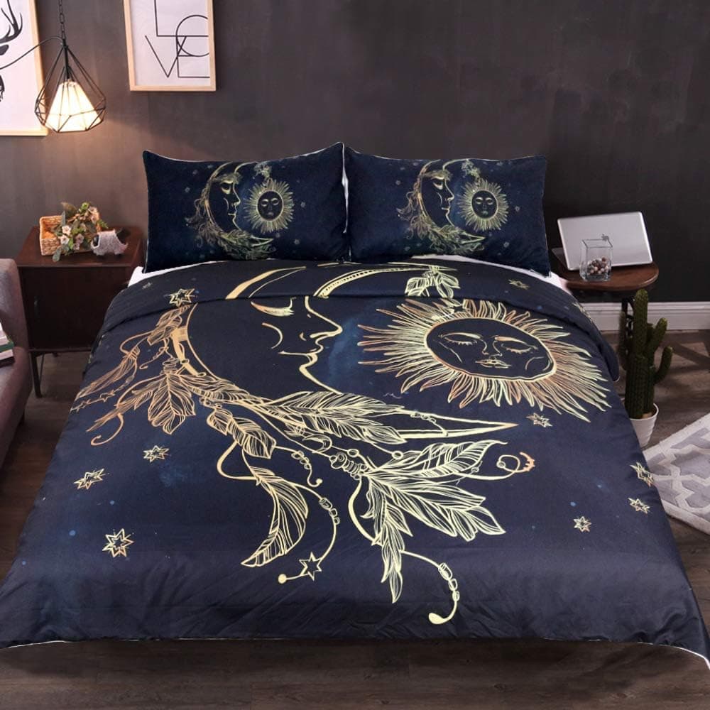 Duvet Cover Set with Zipper Closure Black Golden Sun and Moon Pattern Printed Down Comforter Bedding (1 Duvet Cover 2 Pillow Cases) Queen Size