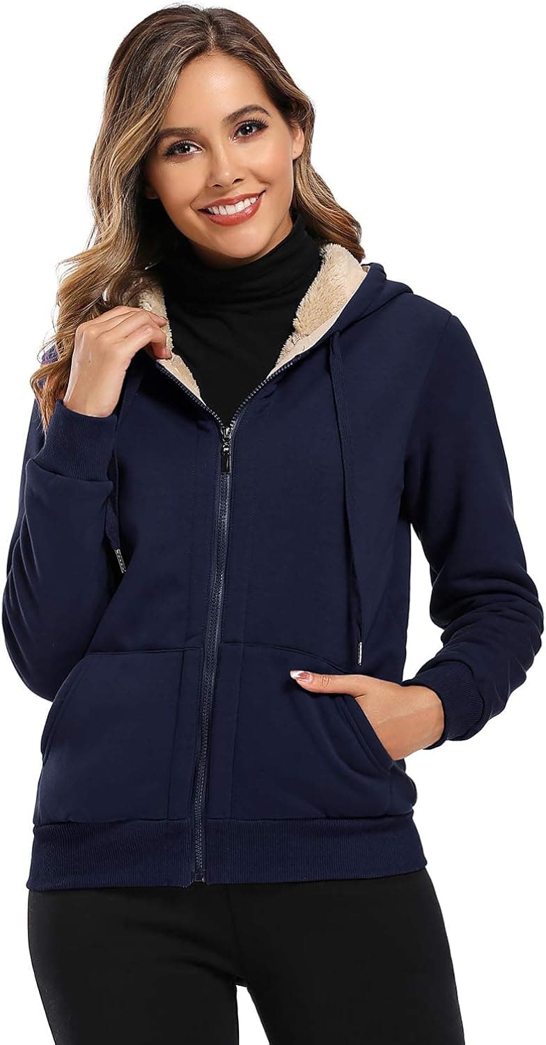 Obosoyo Women's Casual Winter Warm Sherpa Lined Thick Zip Up Hooded Sweatshirt Jacket Coat