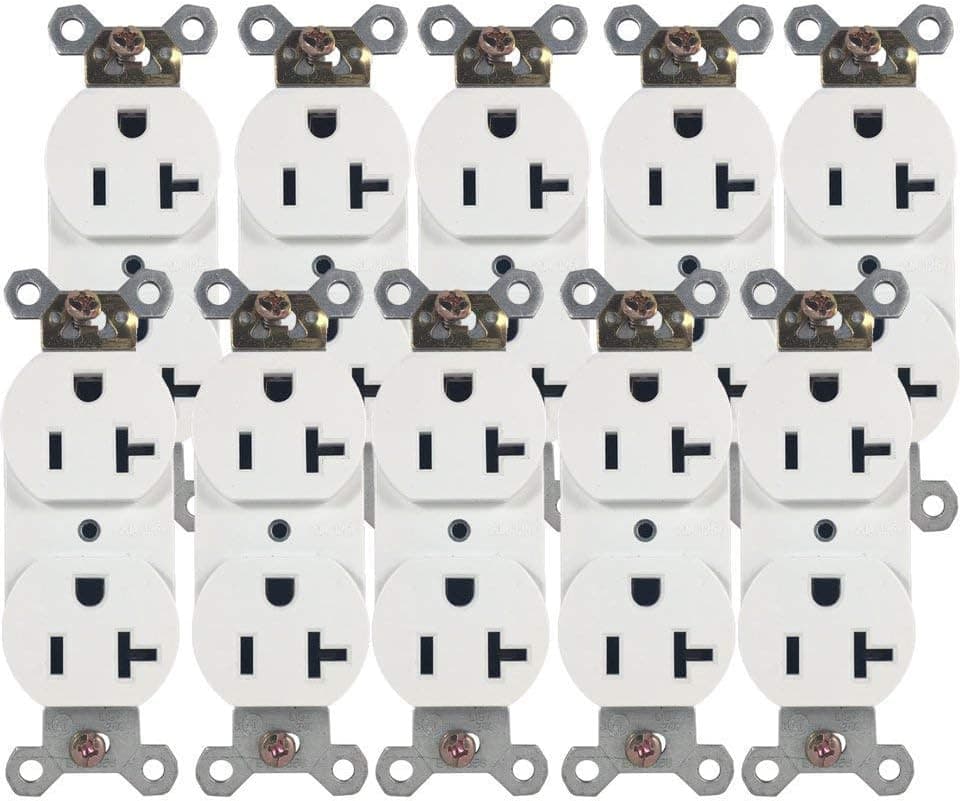BYBON 20A 125V AC Duplex Receptacle,Flat Hole,White, (Non-TR) UL Listed 2015 (10 PACK)