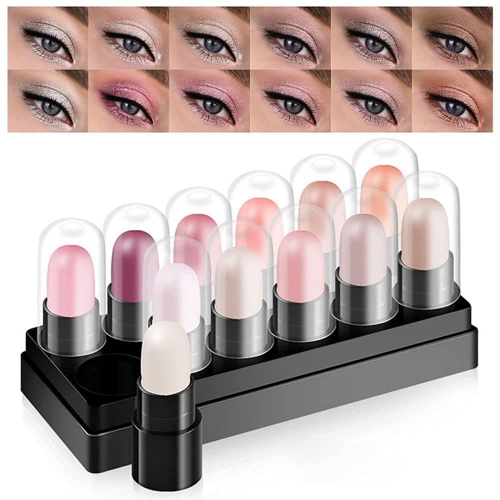 12 Colors Gradient Glitter Eyeshadow Stick Sets, Eye Shadow Stick Makeup Set, Smoky Eyeshadow Sticks Waterproof Shimmer Brow Pearl White Rose Pink Light Gold Gray Copper Blue Green Red Taupe Beige Black Smokey Silver Eyeshadow Set (set03)