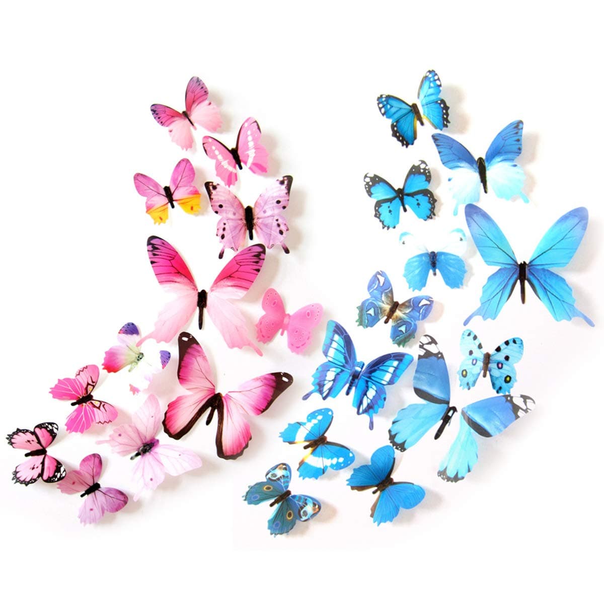 3D Butterfly Wall Sticker, 24 Pcs Multiple Sizes Simulation Butterfly Decals(Pink, Blue)