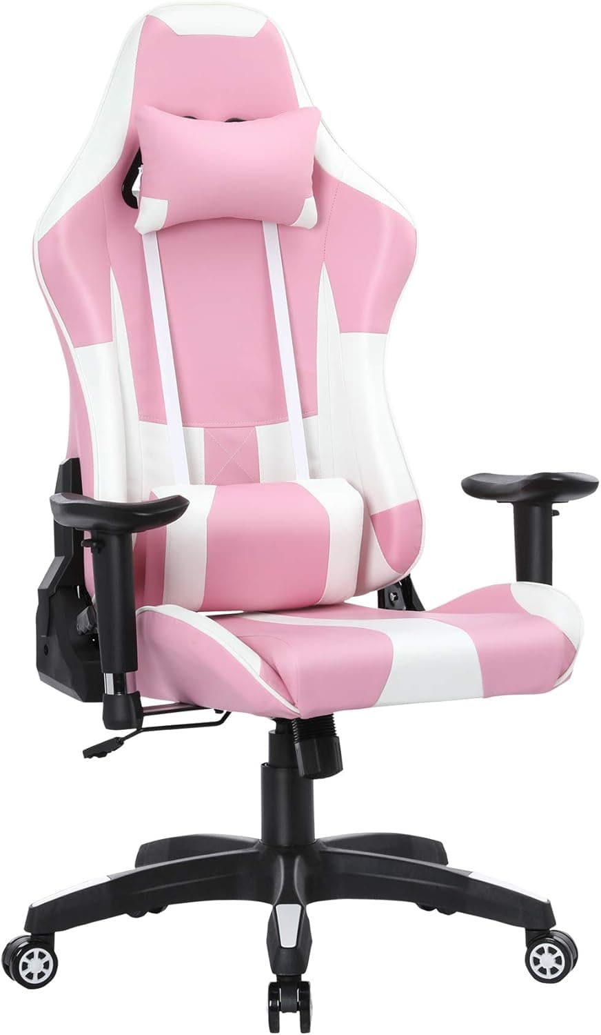 HomeMiYN Gaming Chair Adjustable Ergonomic Computer Desk Chair, PU Leather Racing Reclining Swivel High Back Gamer Chair with Headrest and Lumbar Support, Pink