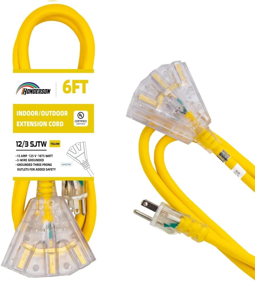 HONDERSON 6 FT Lighted Outdoor Extension Cord with 3 Power Outlets,12/3 SJTW Heavy Duty Yellow Extension Cable with 3 Prong Grounded Plug for Safety,UL Listed